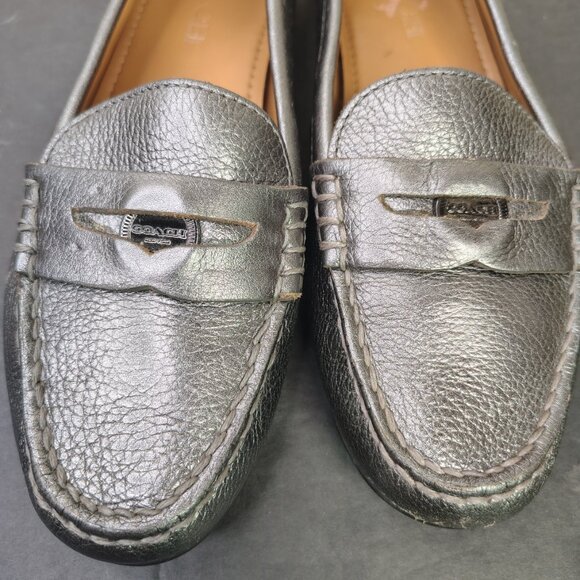 Coach Penny Loafers Womens Size 7.5 Pewter Metallic Pebbled Leather Moc - Picture 4 of 16